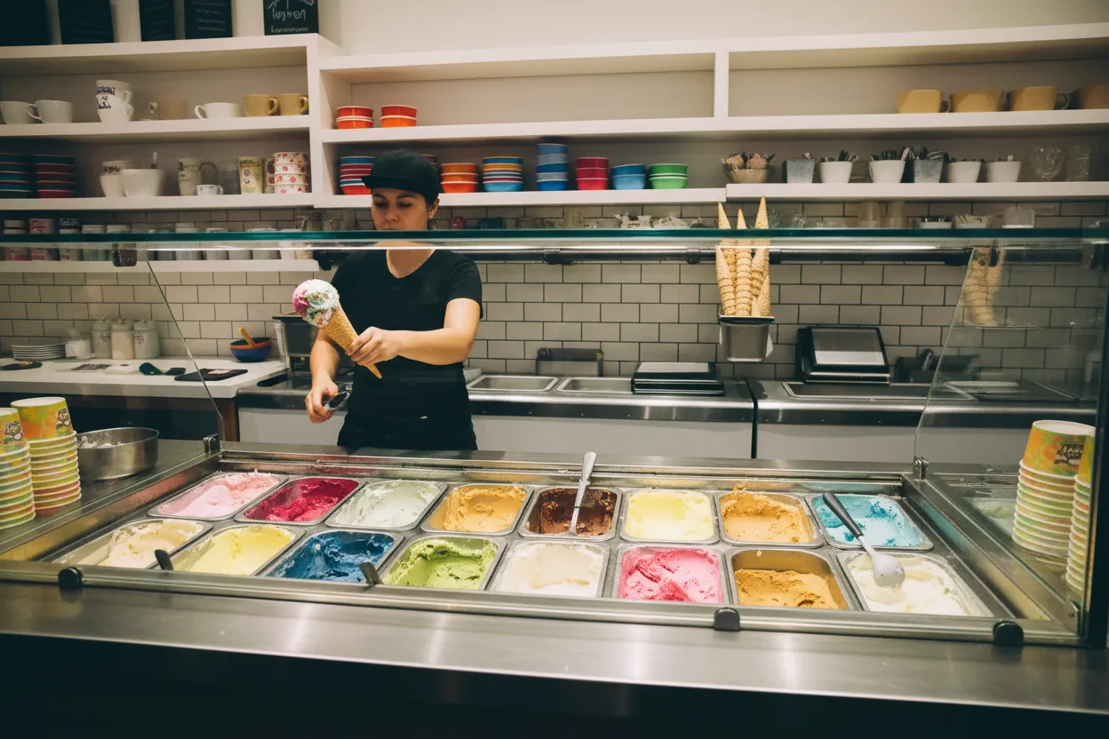 A colorful ice cream parlor counter downtown