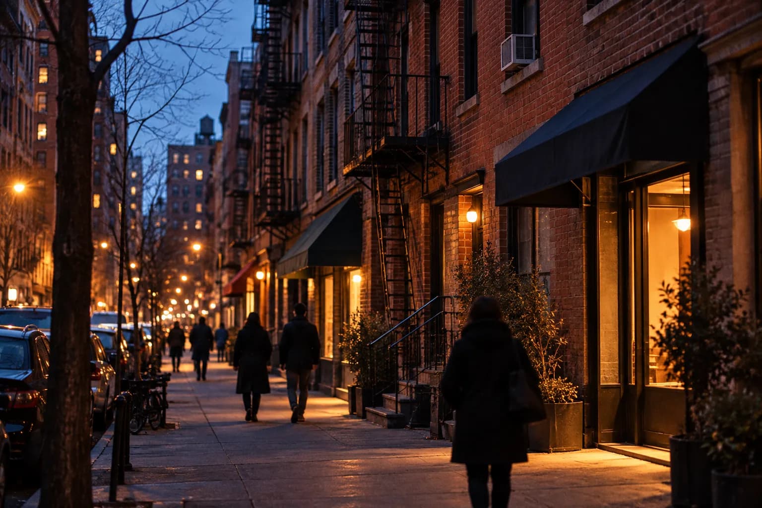 A narrow Nolita street in Manhattan in the evening