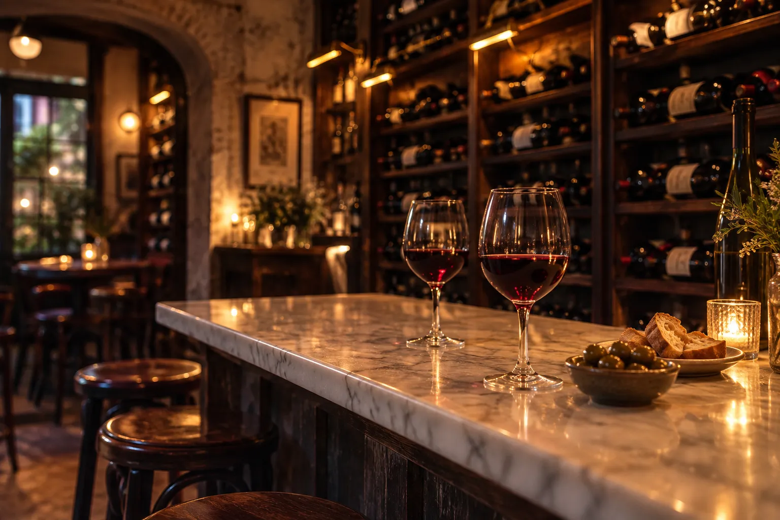 A dim wine bar interior with bottles racked behind a marble counter