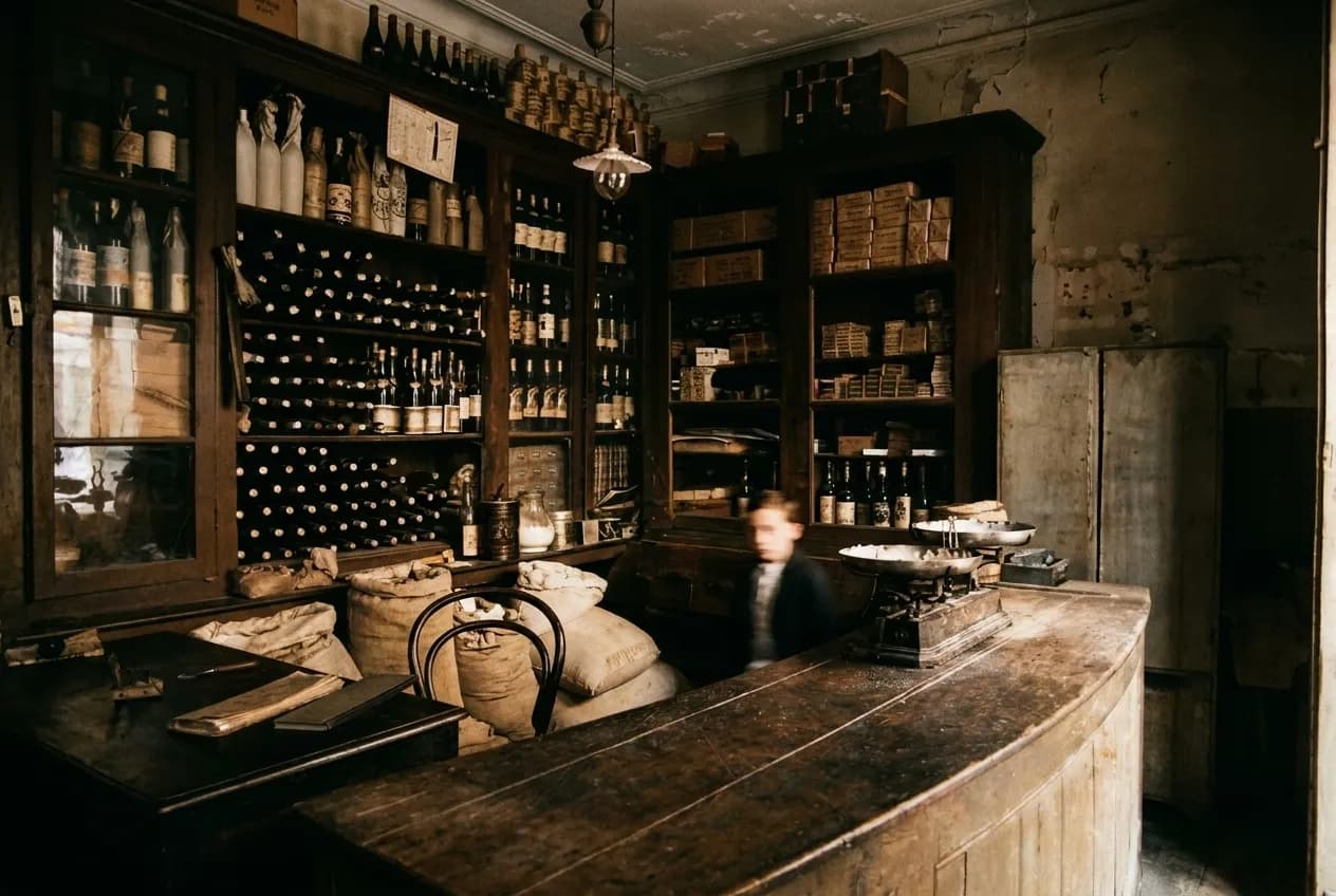 Shelves of bottles lining the walls of a small New York wine shop