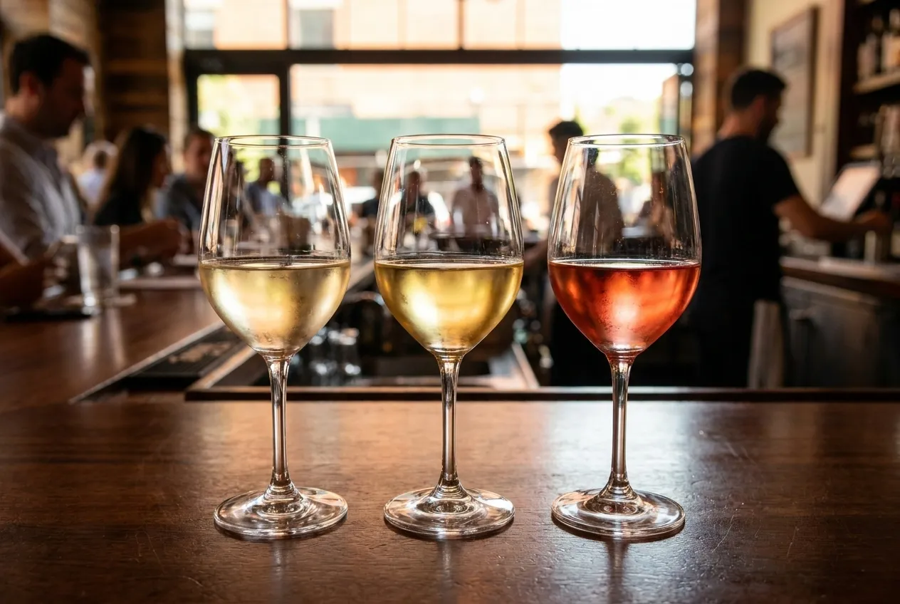 Row of tasting glasses with different wines on a bar counter