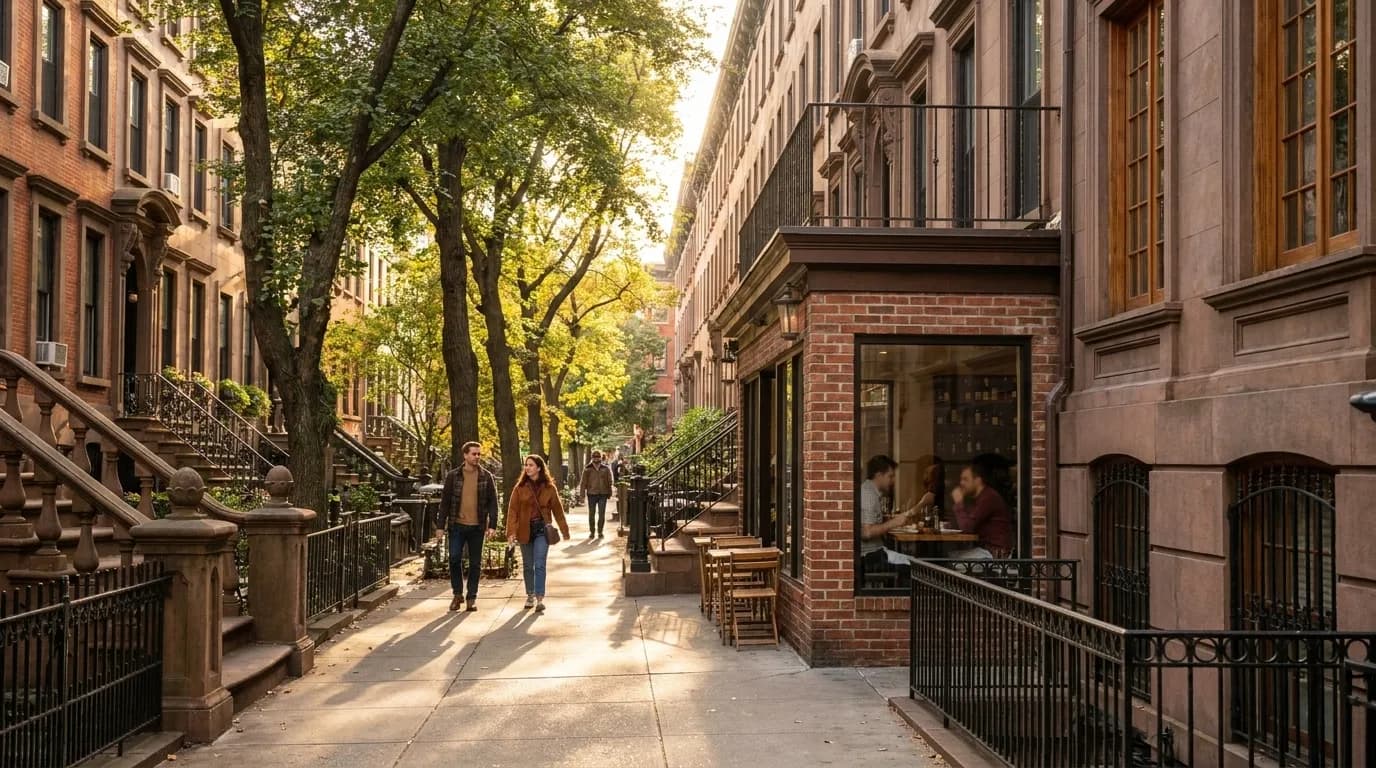 Tree-lined Court Street in Cobble Hill, Brooklyn with historic brownstones and neighborhood wine bars
