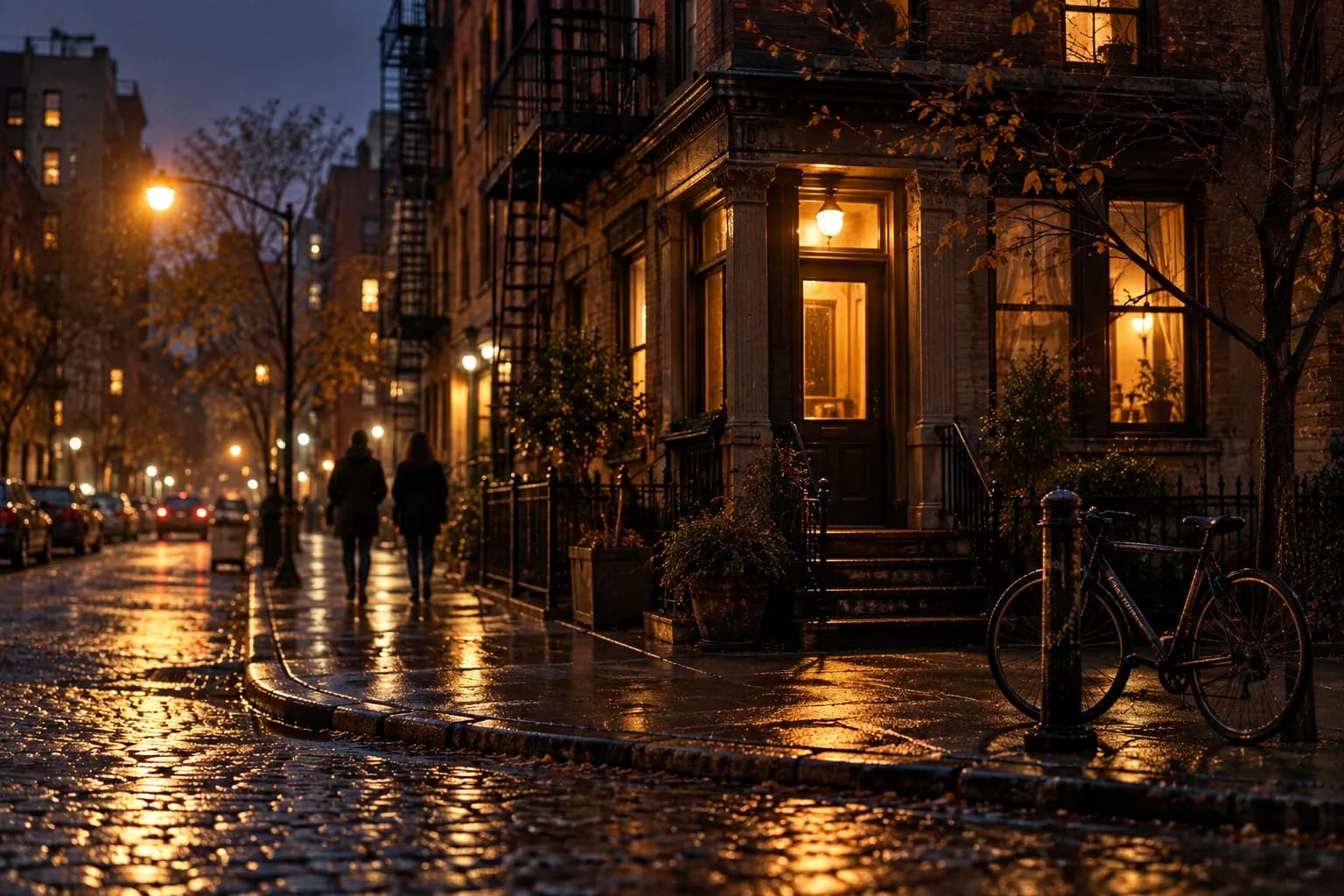 A Lower East Side street corner in Manhattan at night