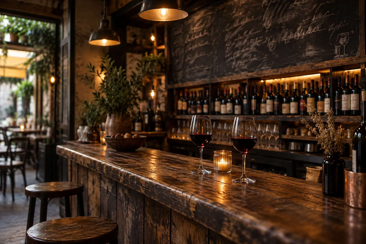 A chalkboard wine list above a dark bar counter
