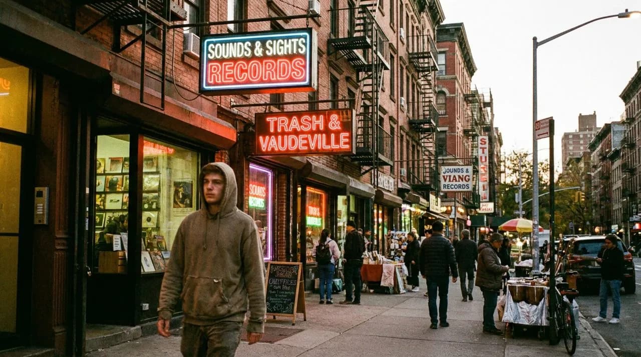 St Marks Place at dusk with eclectic storefronts and a young man walking past neon signs