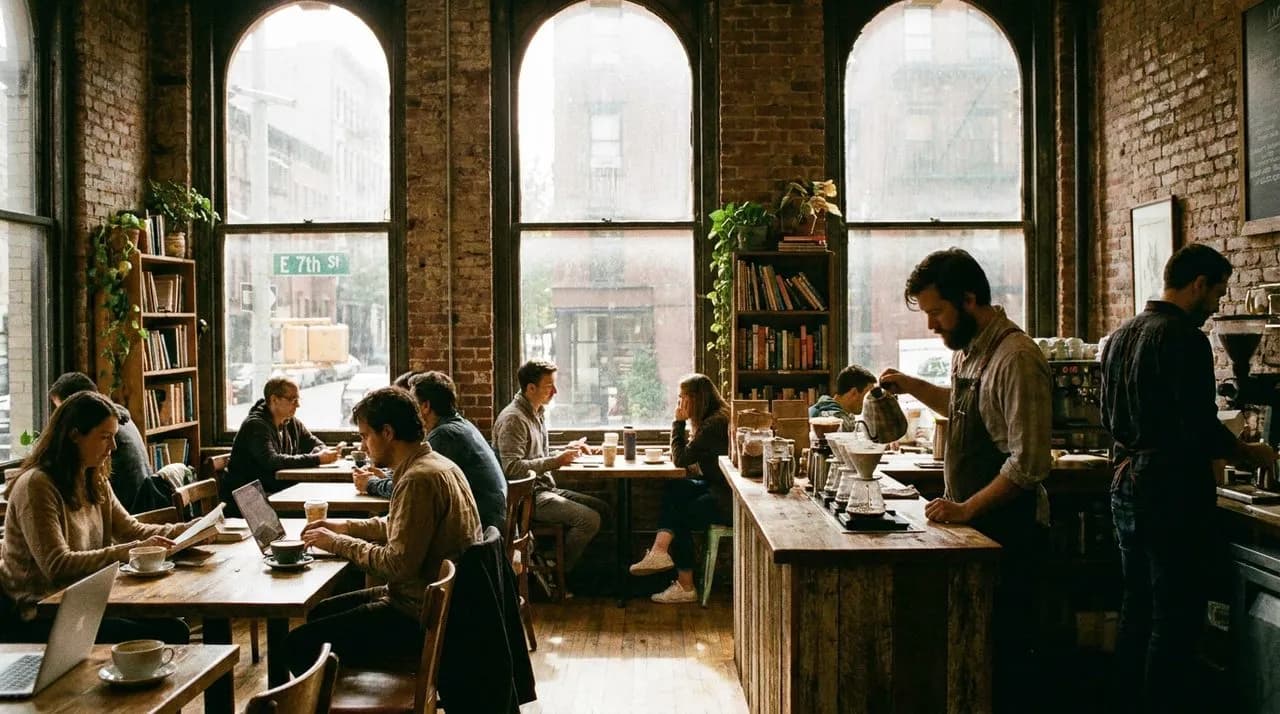 A cozy third-wave coffee shop interior with exposed brick and afternoon light