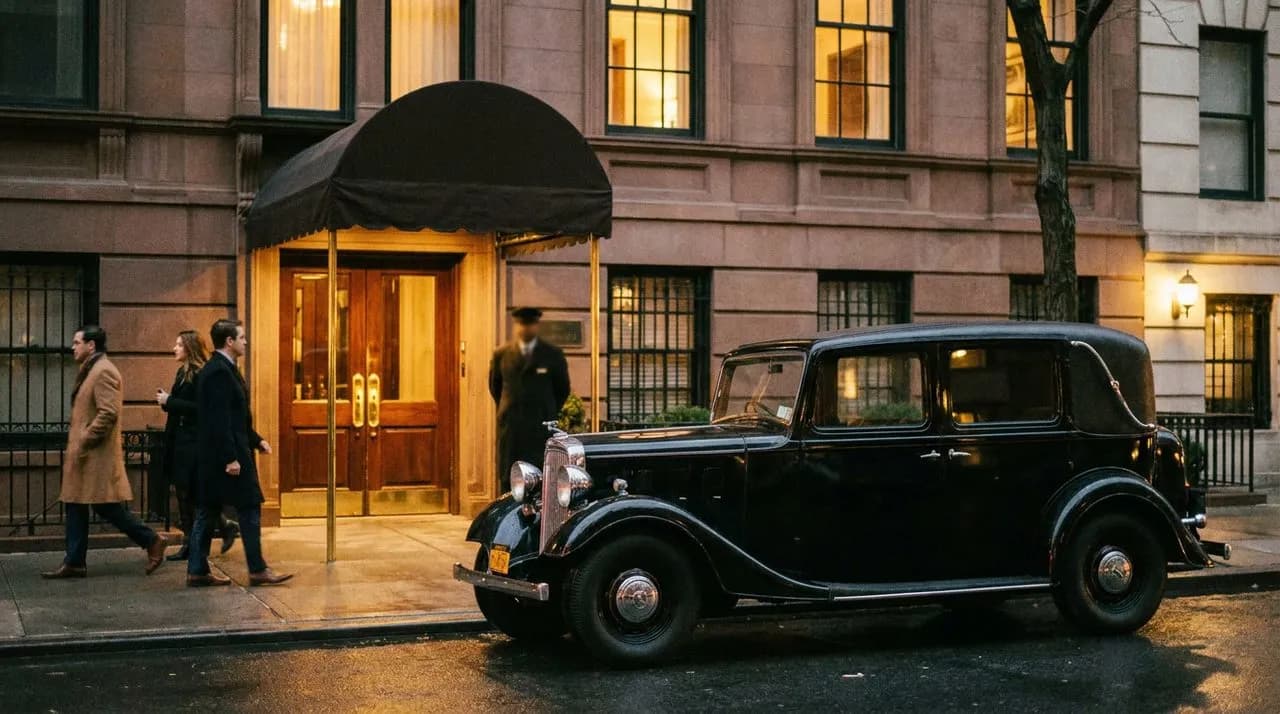 The exterior of a members-only club on the Upper East Side at evening with warm window light