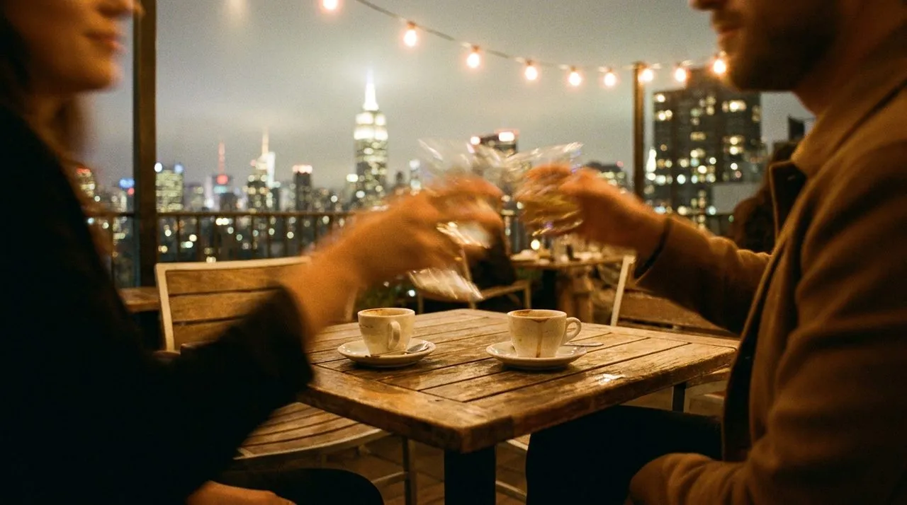 A rooftop restaurant terrace in Midtown at night with Manhattan skyline and espresso cups