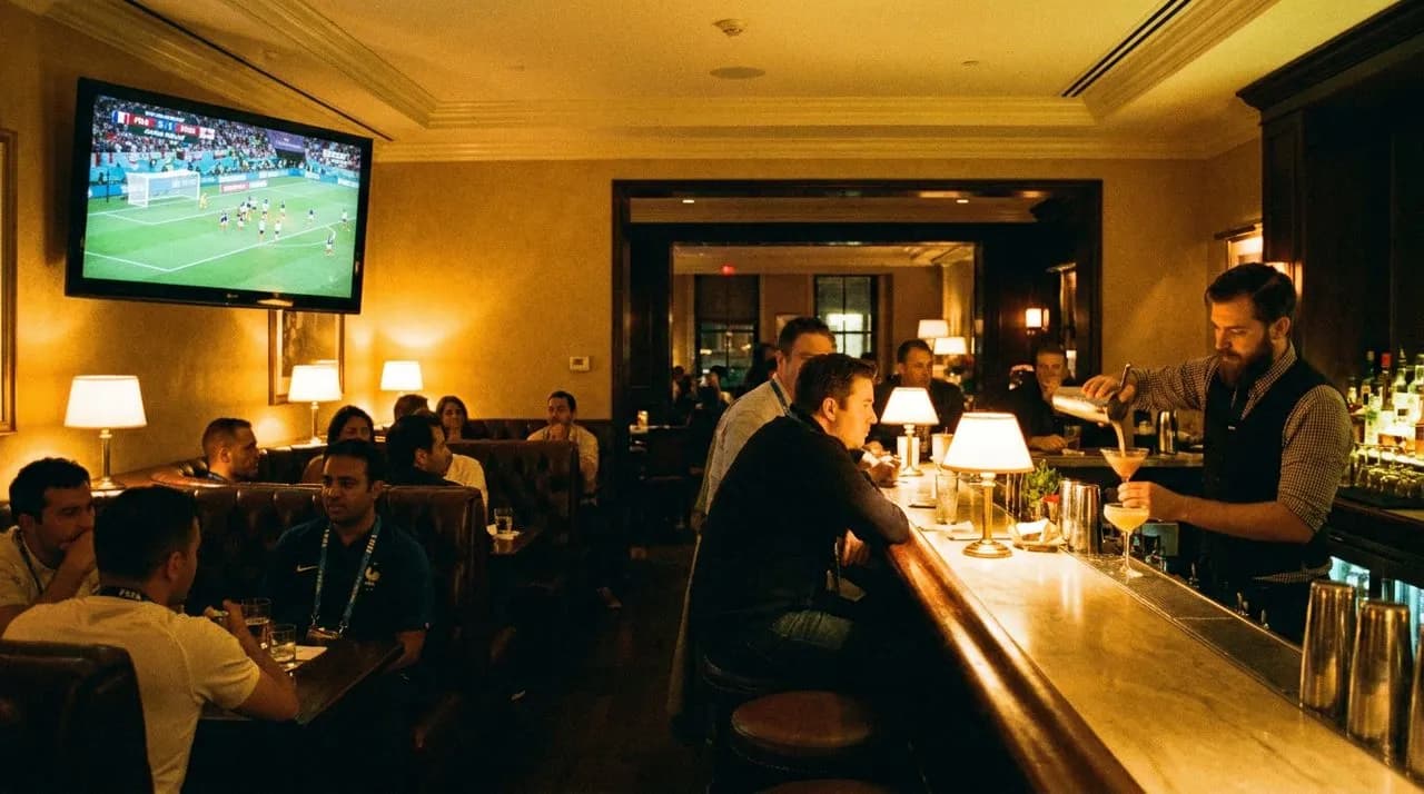 A hotel bar at night with dark leather seating and a wall-mounted TV showing a soccer match