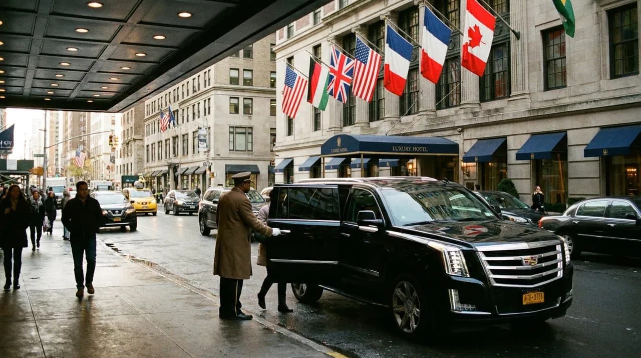 The entrance of a luxury hotel on Park Avenue with a black SUV and flags of multiple countries