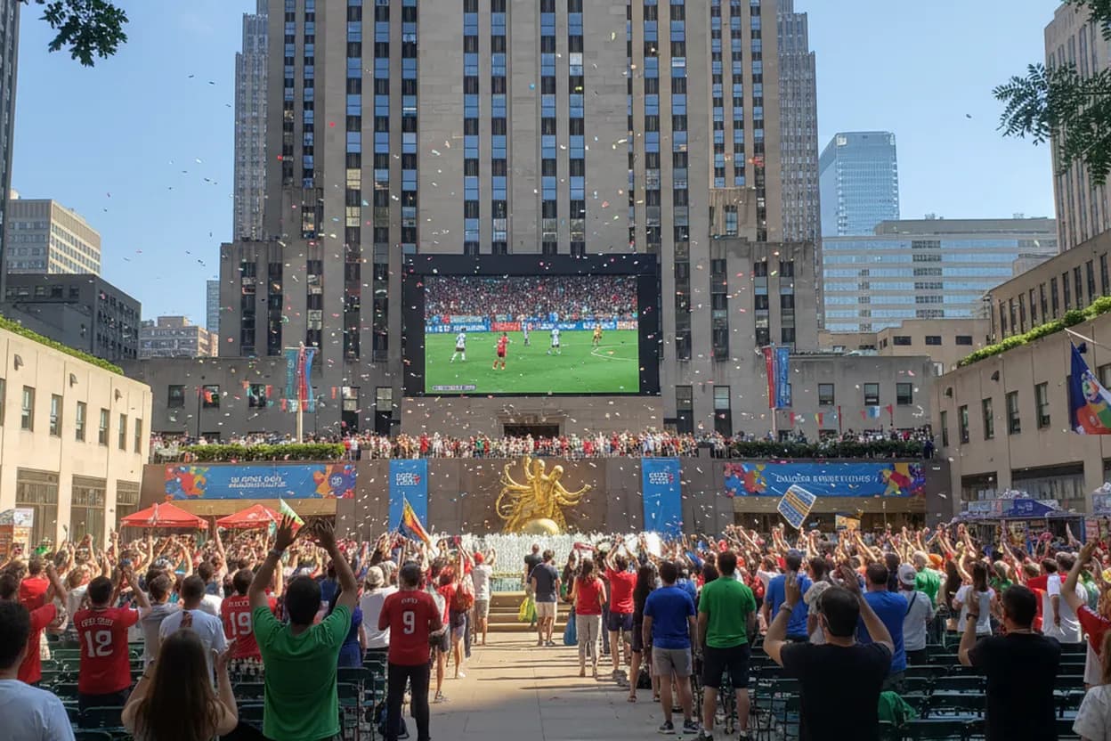 A soccer watch party at Rockefeller Center