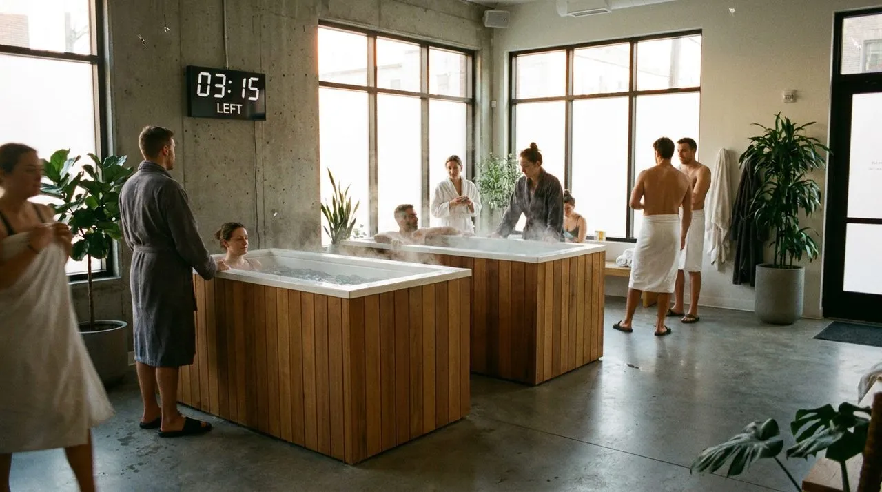 A modern cold plunge and recovery studio interior with ice baths and minimalist design