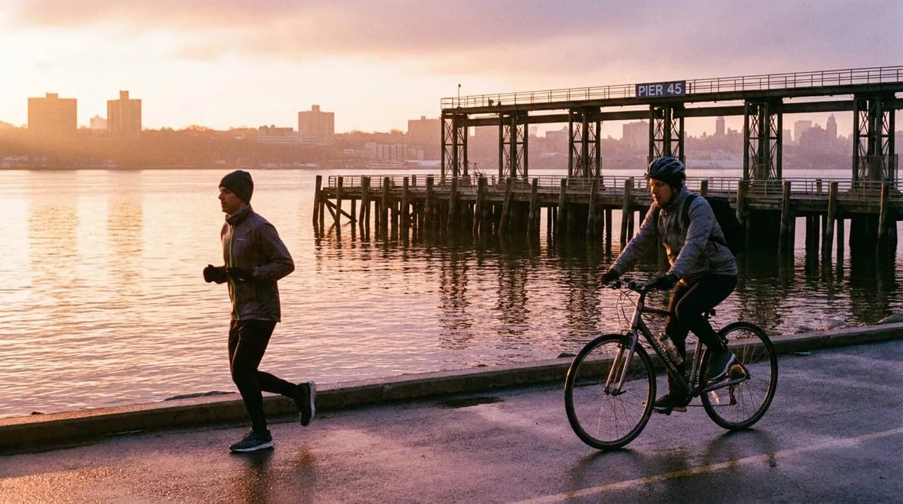 The Hudson River Greenway path early morning near Pier 45 reflecting sunrise colors