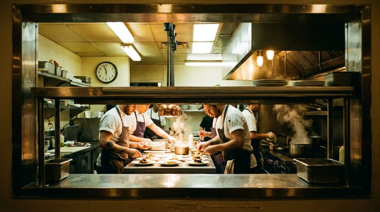 A late-night restaurant kitchen with chefs plating dishes, steam rising, clock showing 11:30 PM
