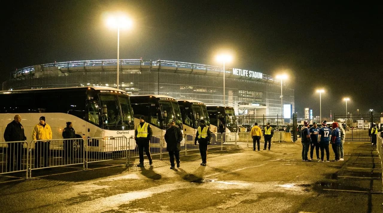 MetLife Stadium exterior at night after a match with team buses in VIP parking