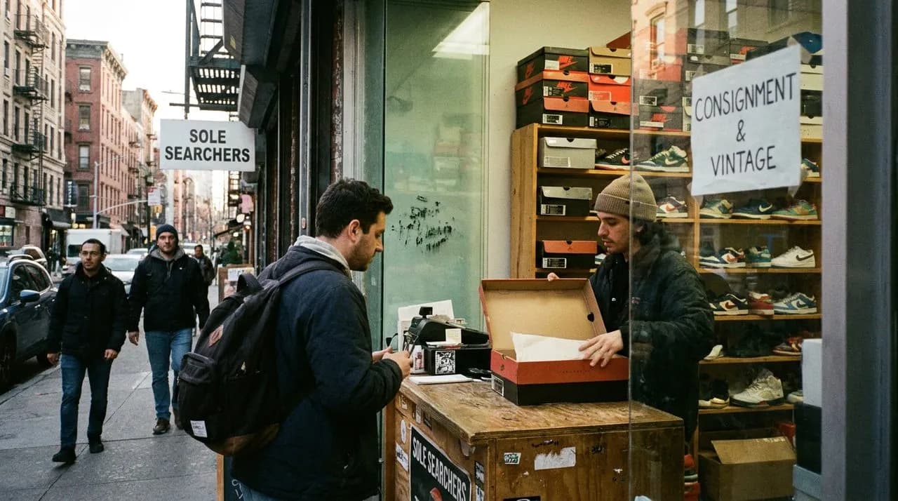 A sneaker consignment counter on the Lower East Side with vintage Jordans on display