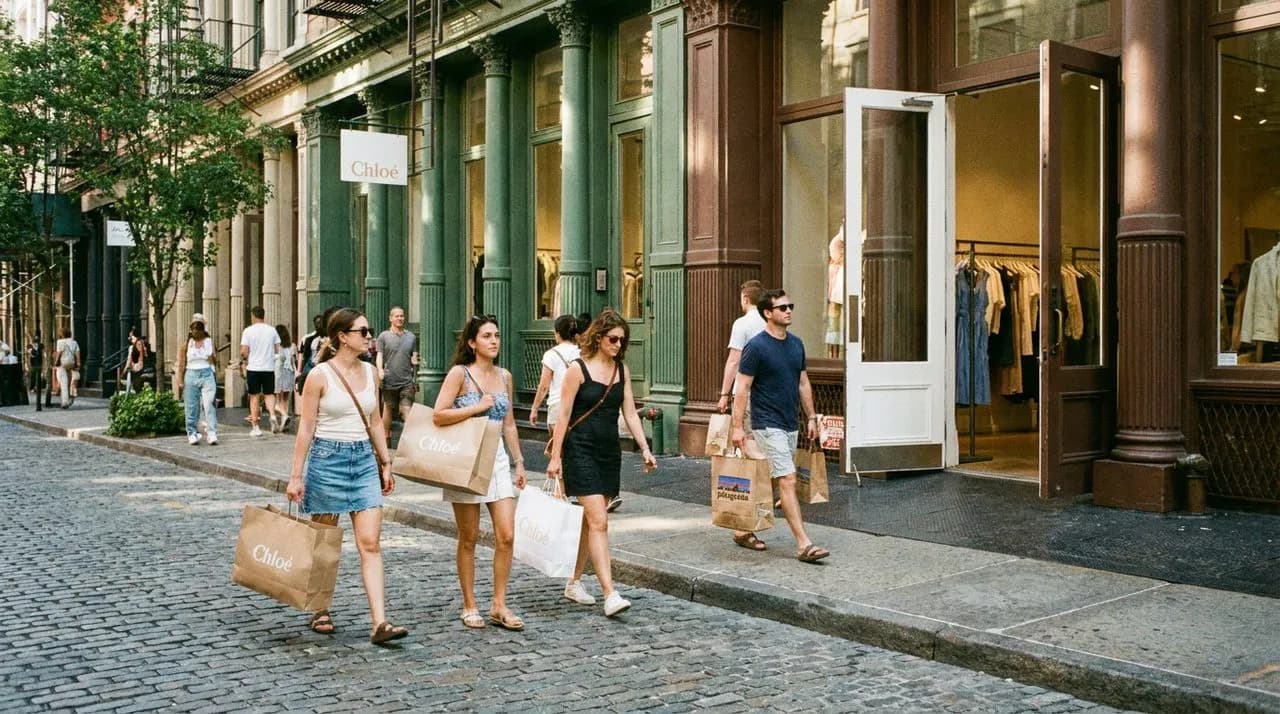 SoHo cobblestone street on a summer afternoon with cast-iron building facades and boutiques