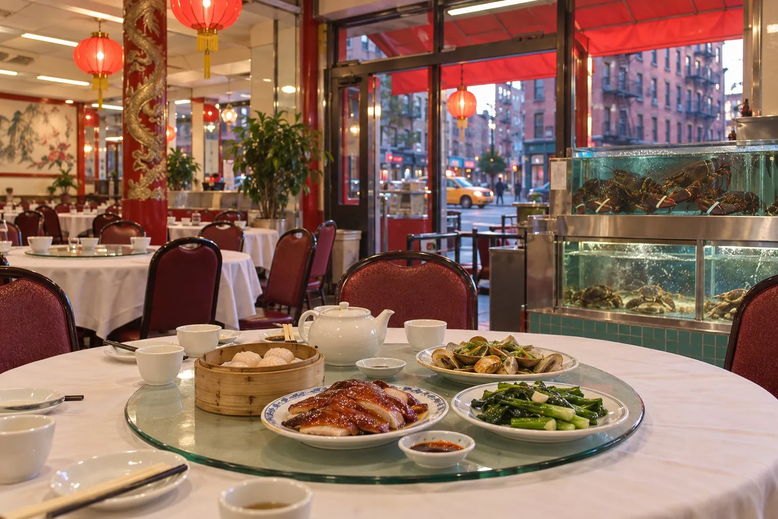 Bright Wu's Wonton King dining room with a round table, lazy Susan and seafood tanks near the East Broadway entrance