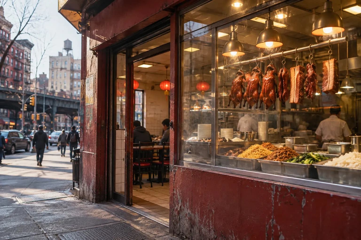 Compact Chinatown dining room at Great N.Y. Noodletown with roast meats, noodles and rice plates arranged at a counter