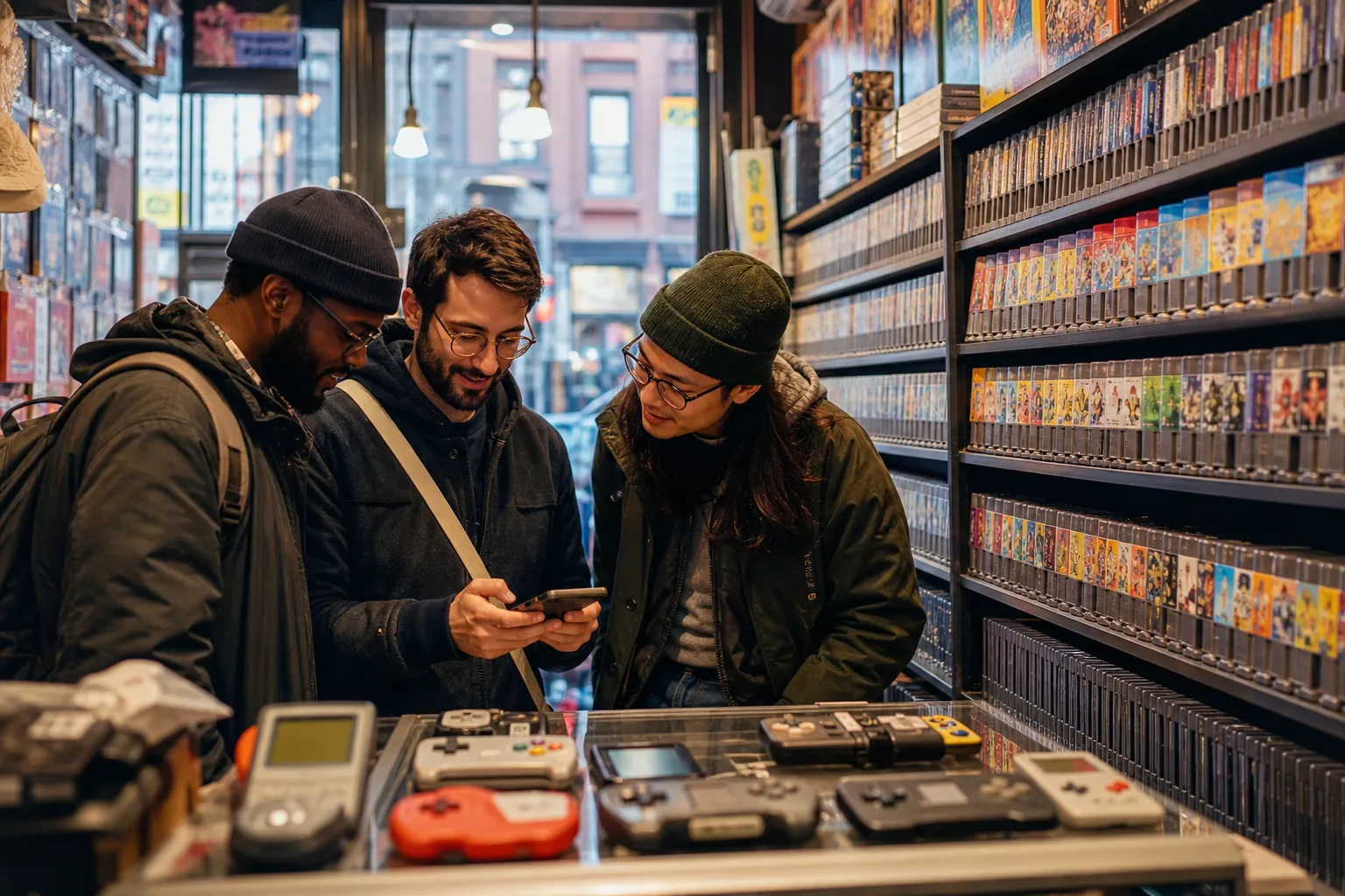 Retro game shop route with cartridge shelves and price checks