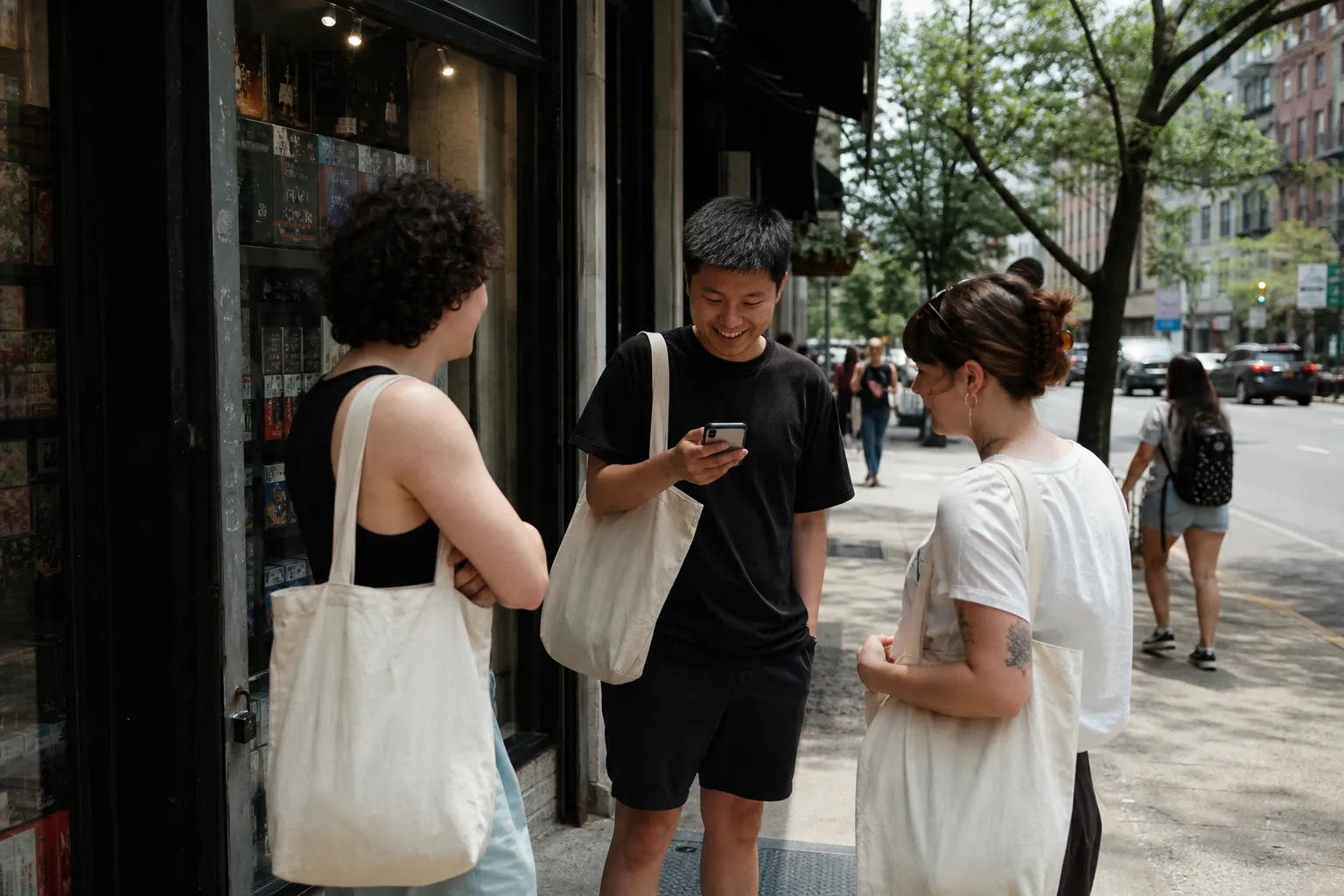 Friends outside a small downtown game shop planning the next stop