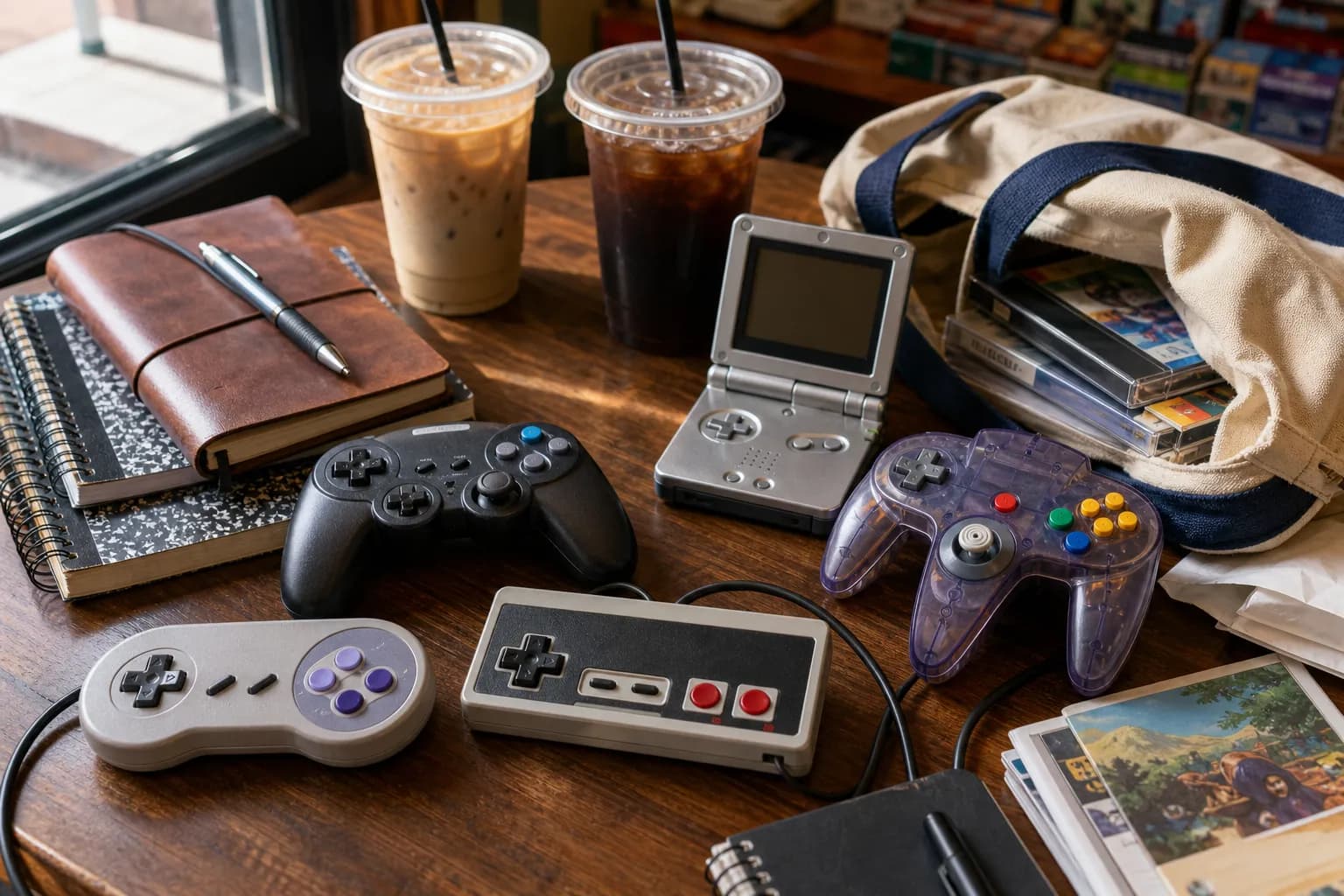 Unbranded retro controllers and route notes after a game-store stop