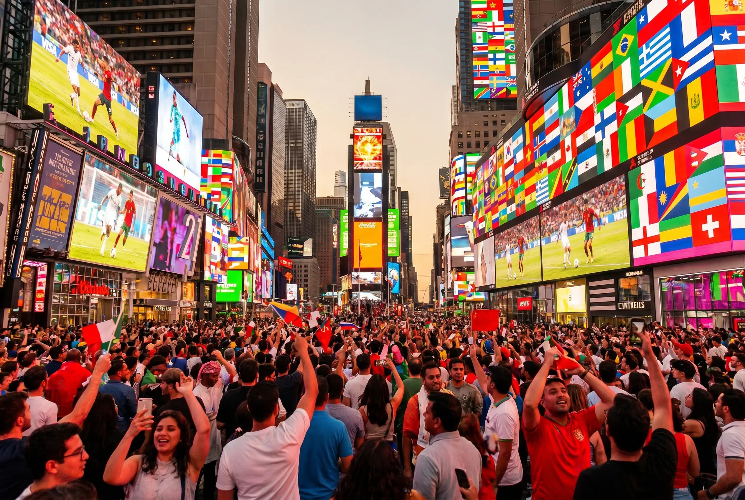 A bright Times Square crowd watching a major live soccer event on city screens.