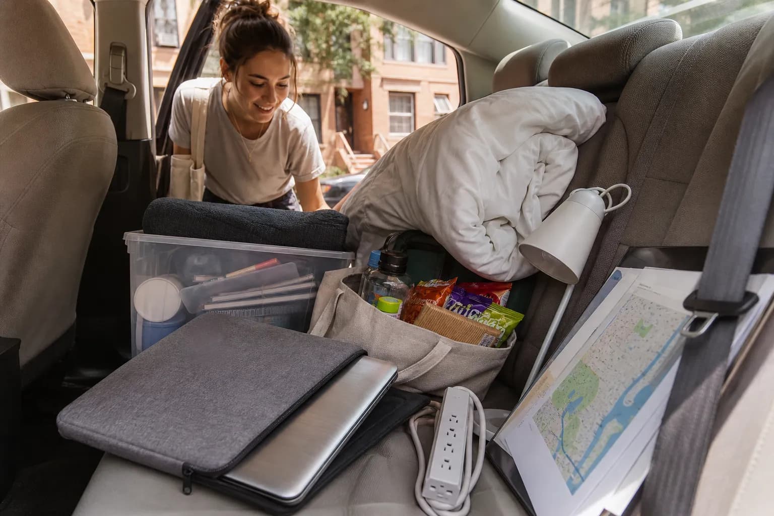 Computer gear packed safely in a car for NYU dorm move-in