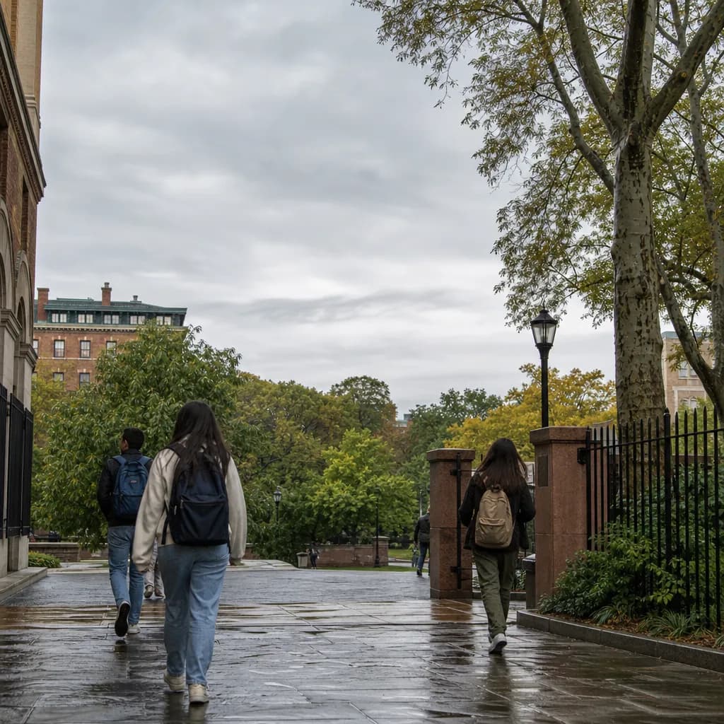 Back-to-school students moving through a leafy NYC campus plaza with public park energy