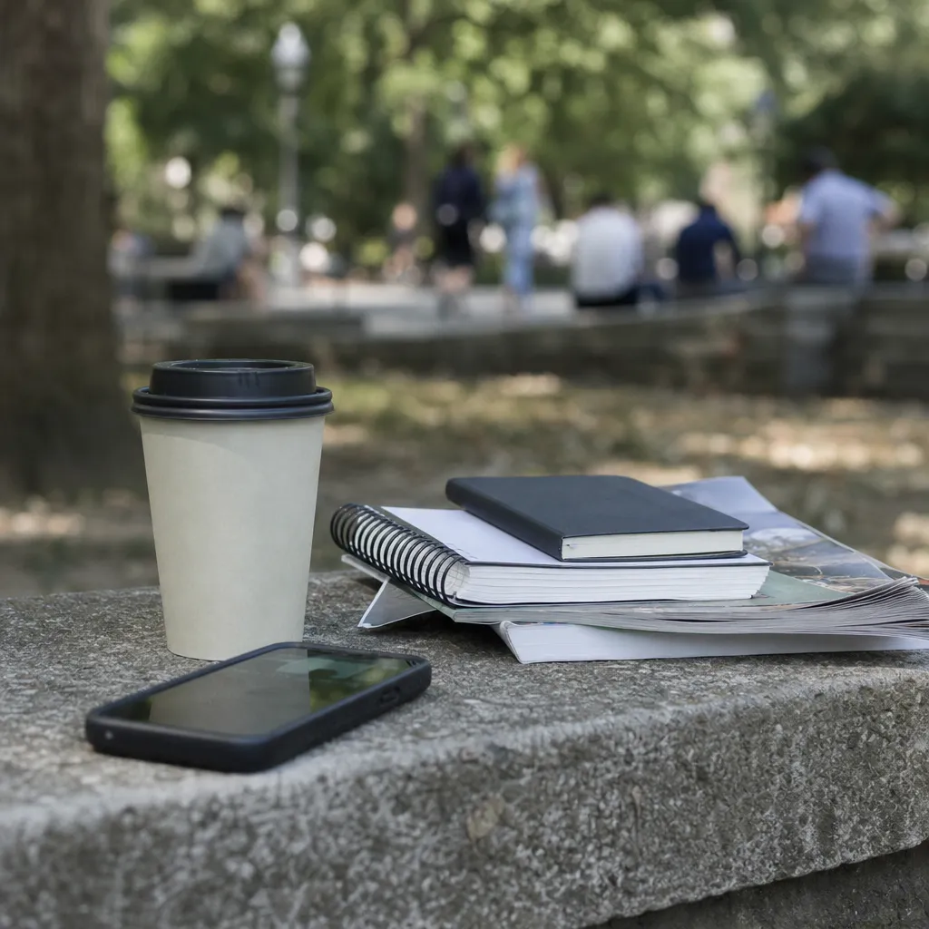 A free outdoor study spot near Washington Square with notebooks on a stone ledge