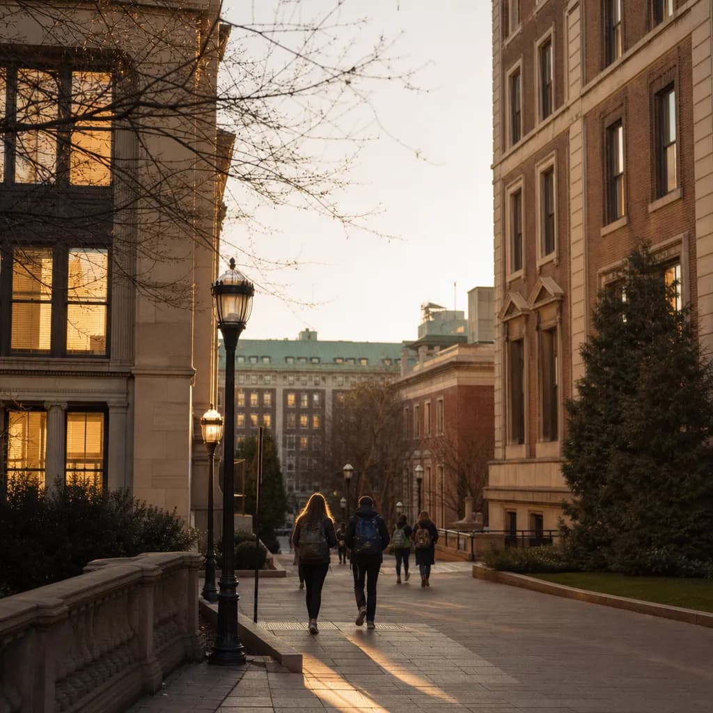 An uptown stone campus walkway at golden hour with long academic shadows