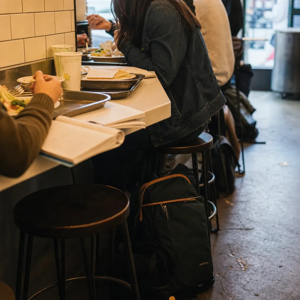 A crowded NYC student lunch counter with trays, notebooks, and backpacks
