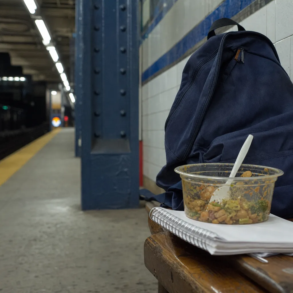 A commuter student takeout meal on a subway bench between classes