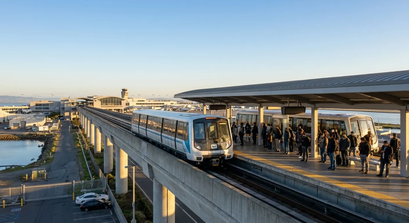 Automated BART connector train arriving at Oakland Airport station platform with covered walkway to terminals