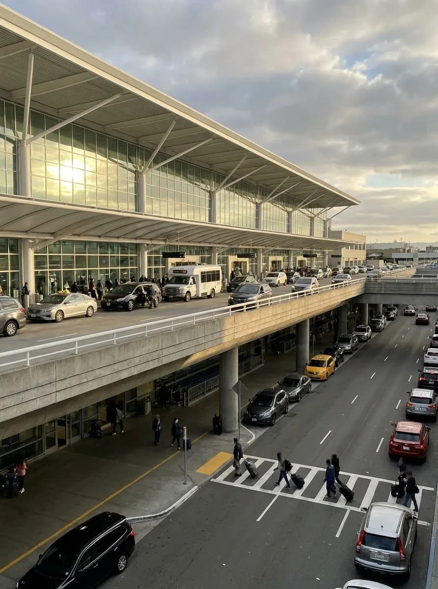 Oakland International Airport Terminal 1 building exterior showing glass facade and departure level canopy