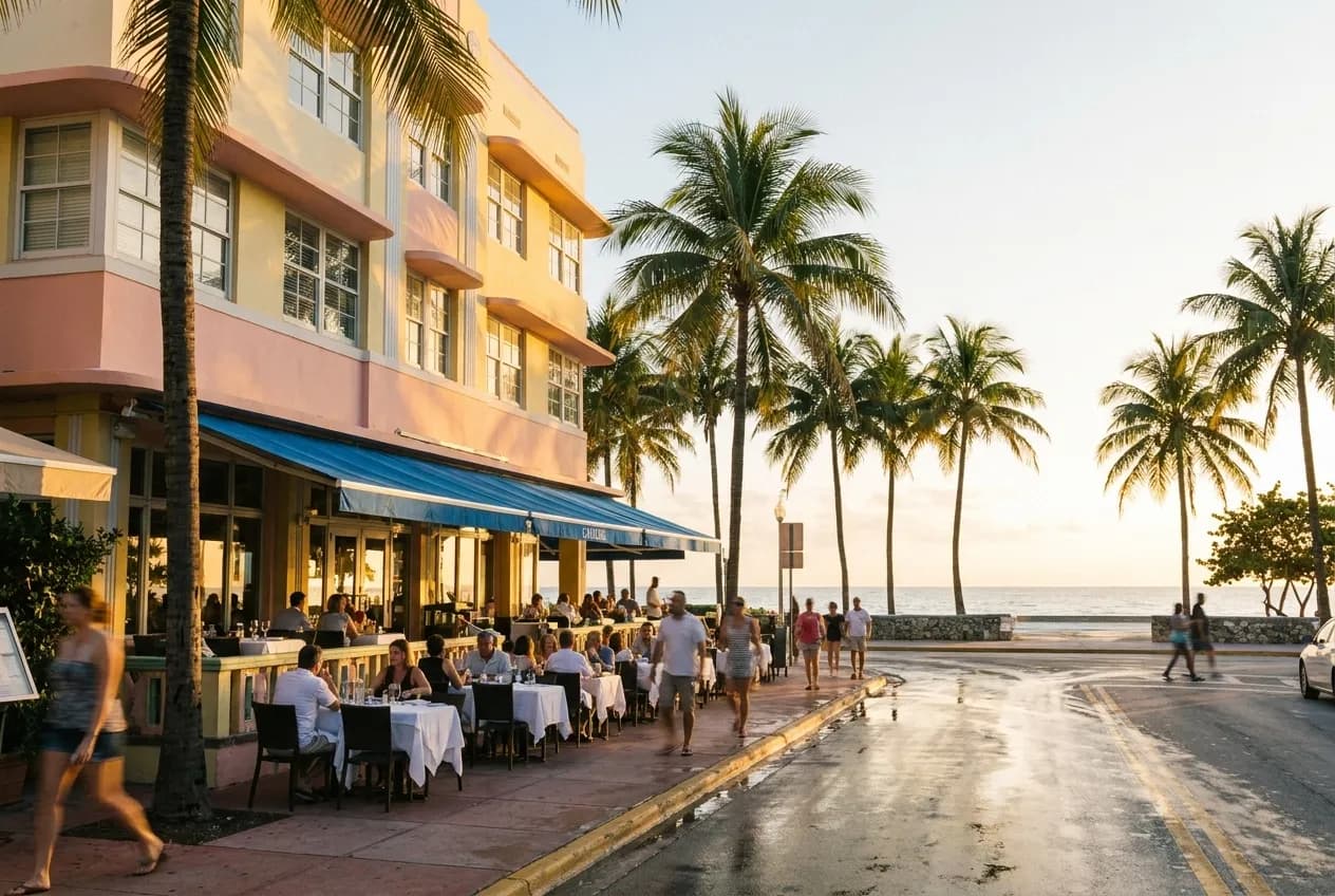 Outdoor dining terrace on Ocean Drive in Miami Beach with Art Deco buildings and ocean views at sunset