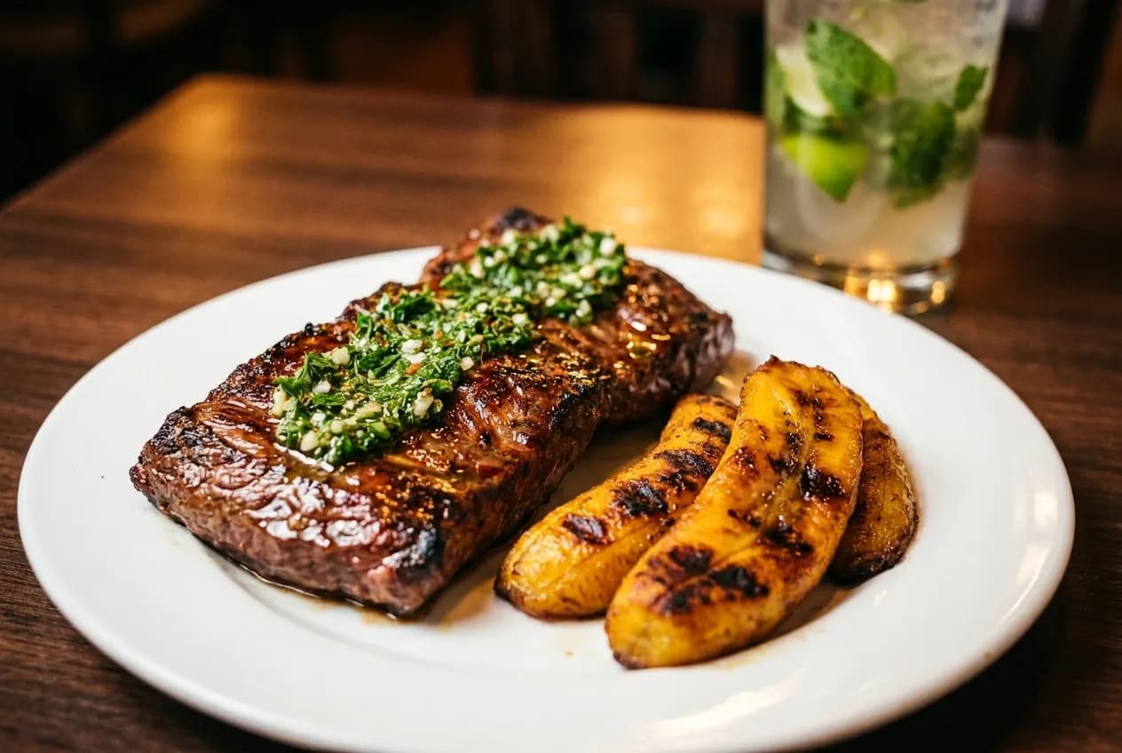Grilled churrasco steak with chimichurri sauce and plantains on a restaurant plate with mojito in background