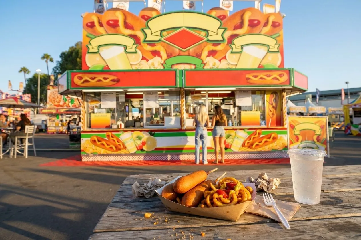 Classic fair food tray at the OC Fair with a sunny casual feel