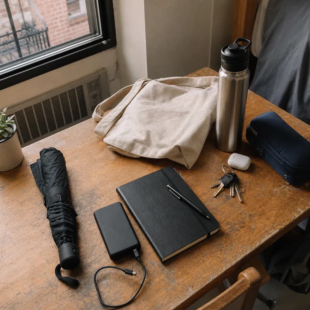 A practical NYC college back-to-school kit laid out on a small dorm desk