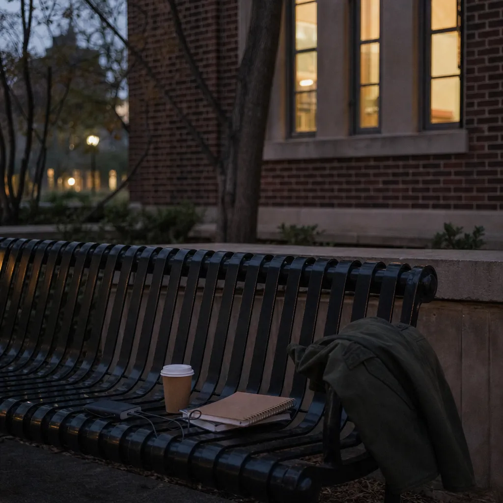 A quiet campus bench with a portable charger, notebook, and coffee at dusk