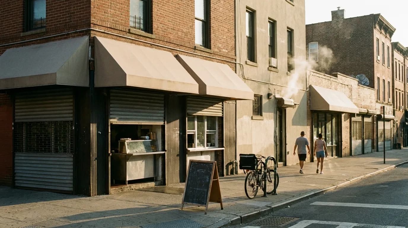 Low-rise brick storefronts at the Grand Street and Graham Avenue corner in East Williamsburg, Brooklyn, in warm early-evening light with half-open security gates and a chalkboard on the sidewalk