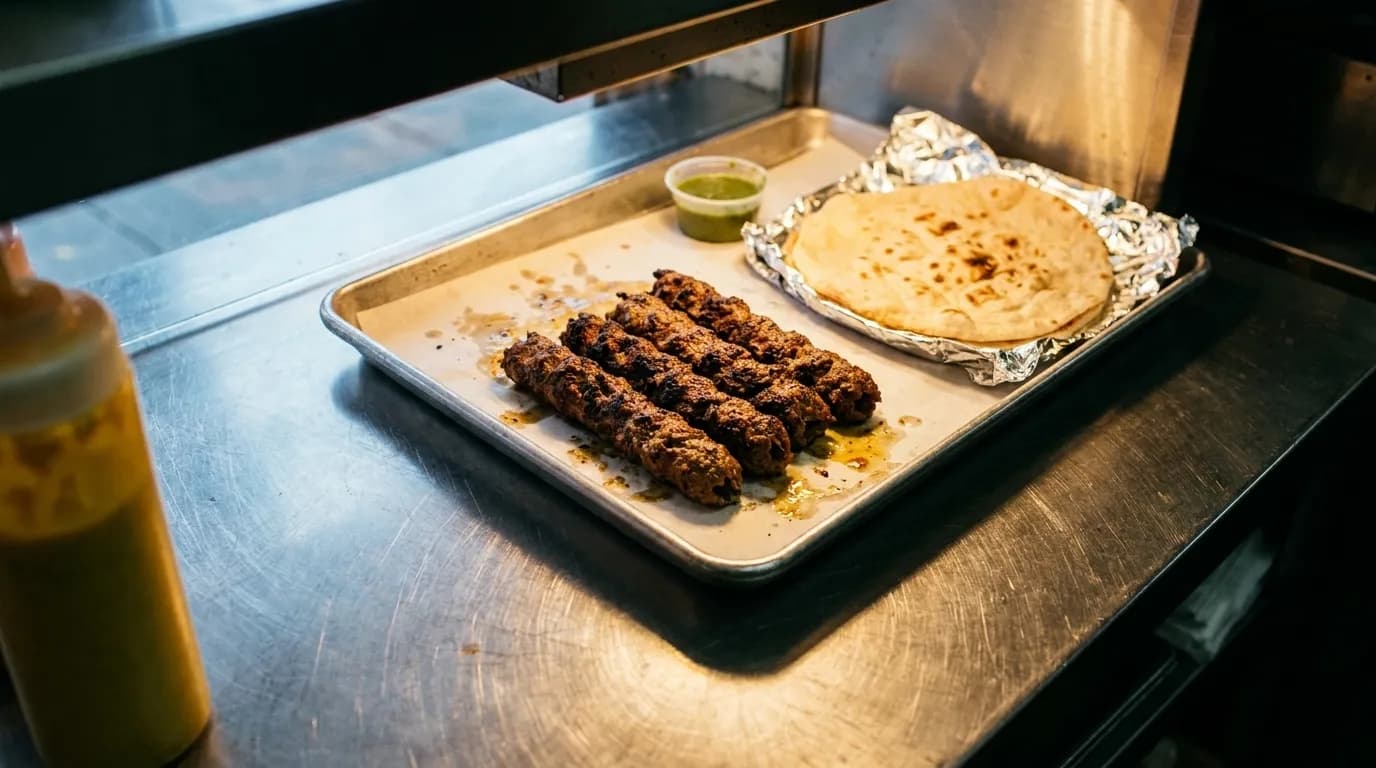 Charcoal-grilled seekh kebabs on a paper-lined metal tray beside foil-wrapped flatbread and a cup of green chutney on a scratched stainless-steel counter under a heat lamp