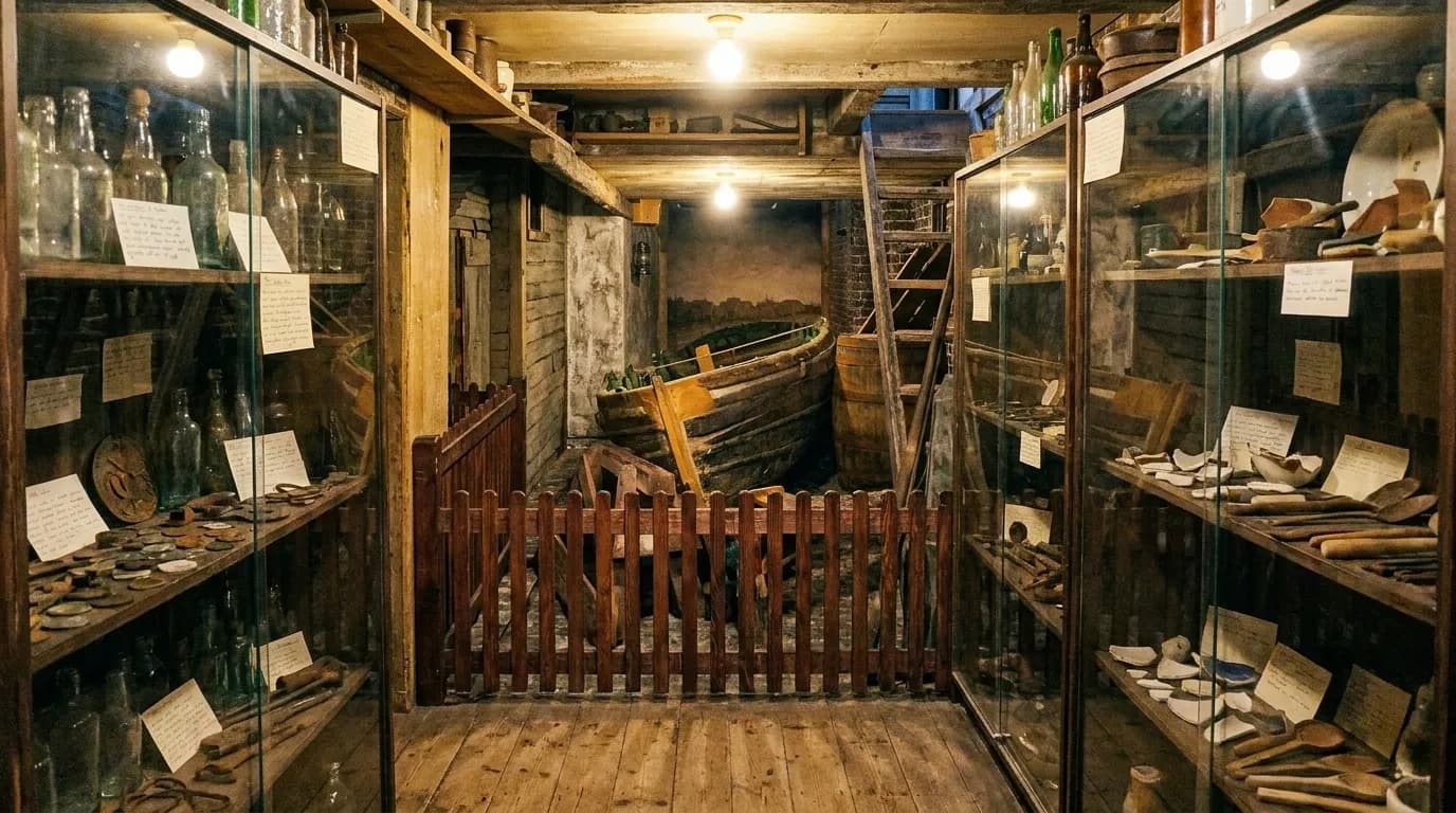 A crowded one-room museum of old New York objects in glass cases, hand-labelled shelves and a wooden floor under warm overhead light