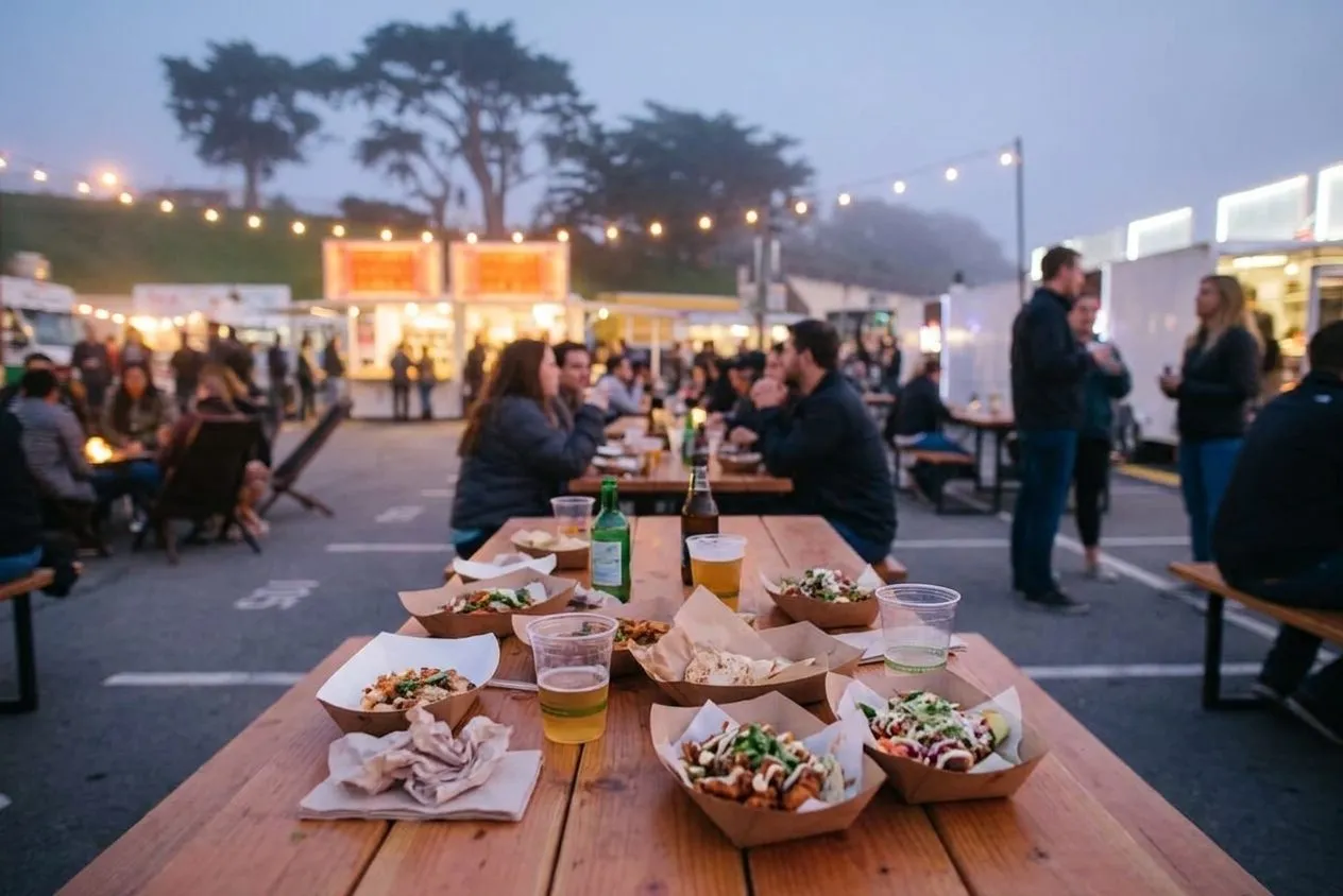 Paper trays and drinks on a communal table beside glowing food trucks at dusk