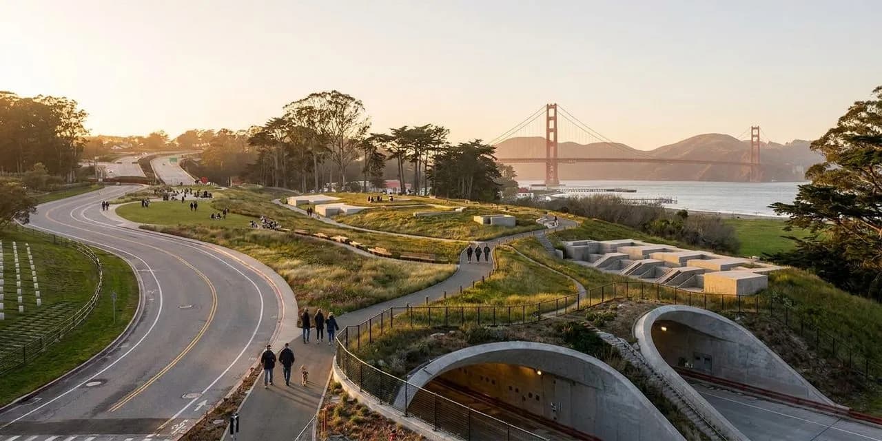 Wide view of the Presidio lawn at golden hour with people strolling and the bay beyond