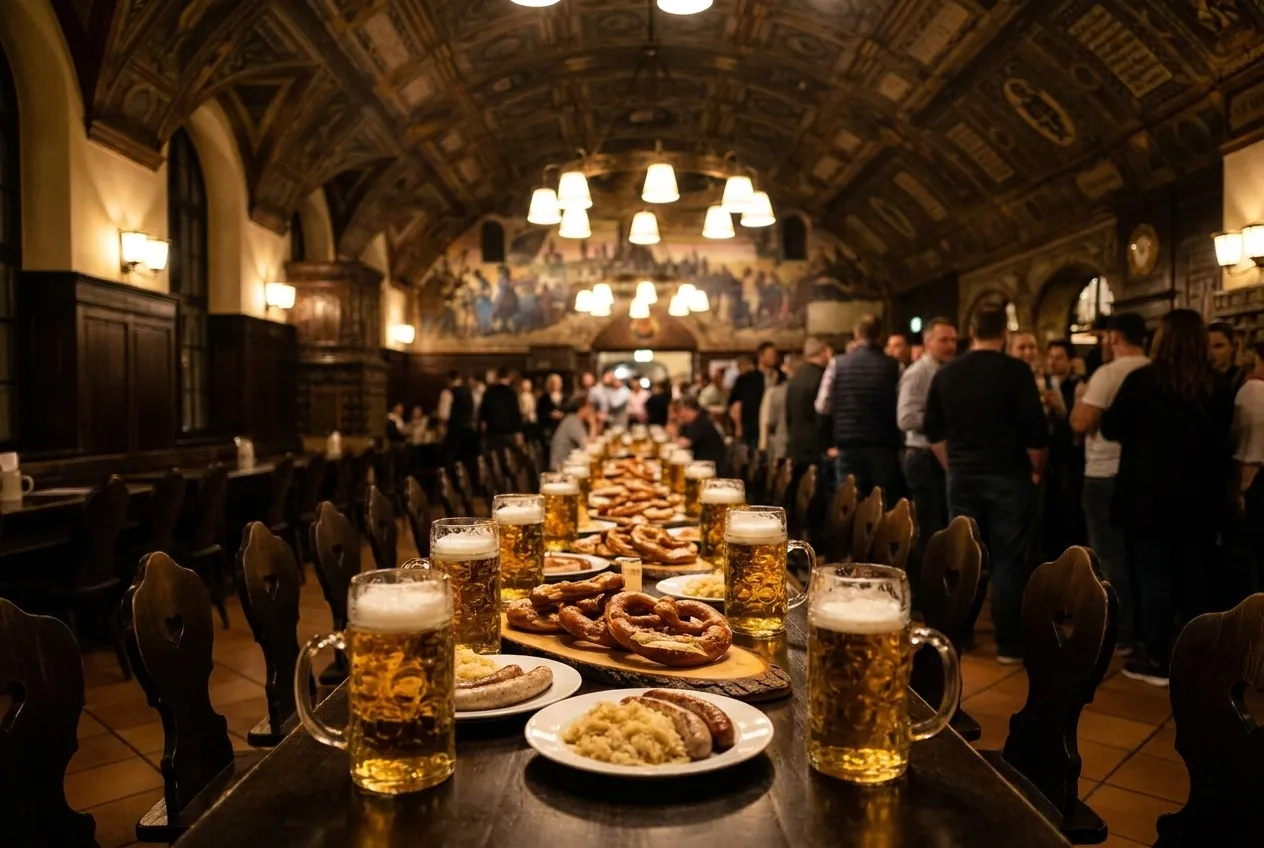 A long communal table in a warmly lit German beer hall with steins and pretzels