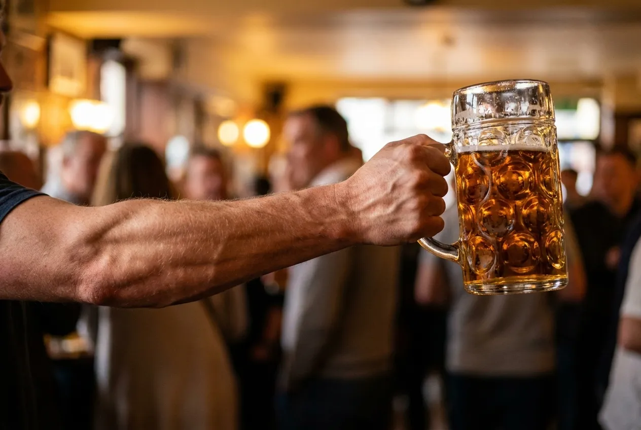 A hand holding a full one-litre stein at arm's length in a crowded room