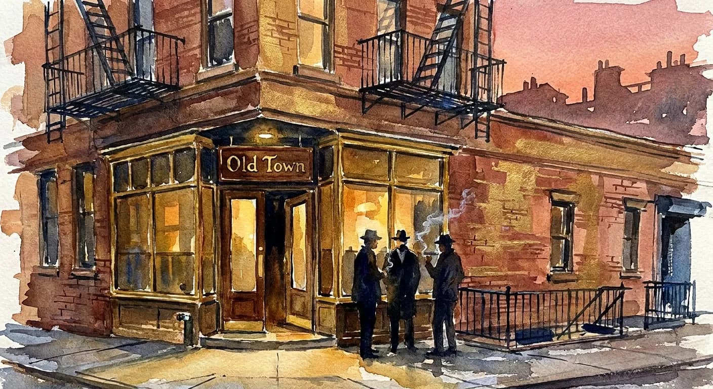 AI-generated watercolor: exterior of the historic Old Town Bar at 45 East 18th Street in NYC at golden hour, the 1892 brownstone storefront with brass-framed windows and a small black wooden sign reading Old Town rendered impressionistically, warm ochre interior light spilling out, three or four patrons as pure dark silhouettes entering or smoking outside the door, the building's century-old wrought iron details visible, dusty pink sky above the Flatiron rooftops in the background, watercolor brush strokes
