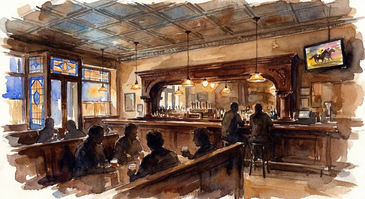 AI-generated watercolor: interior of a historic 1892 NYC saloon with the longest mahogany bar in Manhattan stretching the length of the room rendered impressionistically, a Tiffany-style stained glass partition glowing in cobalt and warm ochre, pressed-tin ceiling overhead, a single small TV mounted in the upper corner showing a stylized horse race scene as blurred warm ochre and dusty pink, six or seven patrons as pure dark silhouettes seated at bar stools and in wooden booths holding pint glasses, warm amber pendant lighting