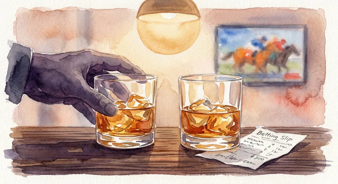 AI-generated watercolor: close up of two glasses of bourbon on a dark mahogany bar in NYC, ice cubes in each glass rendered impressionistically with warm ochre and amber tones, a small white paper betting slip with handwritten marks lying next to one glass, the bar wood grain as soft horizontal brush strokes, hand silhouette of a patron in dark wash reaching for one glass, warm overhead pendant light glow as a soft ochre halo, blurred horse race on a TV in the background as cobalt and warm marks